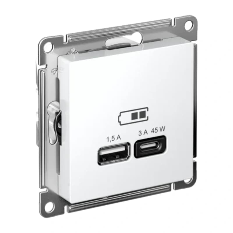 Розетка USB для зарядки двойная Atlasdesign A + тип-C 45W высокоскор.заряд. QC, PD, белый