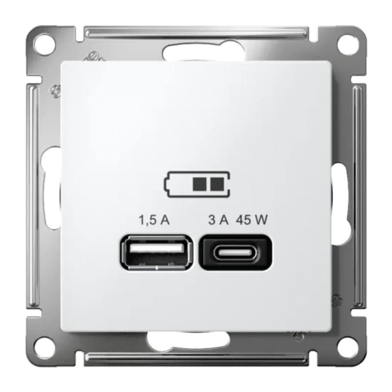 Розетка USB для зарядки двойная Atlasdesign A + тип-C 45W высокоскор.заряд. QC, PD, белый