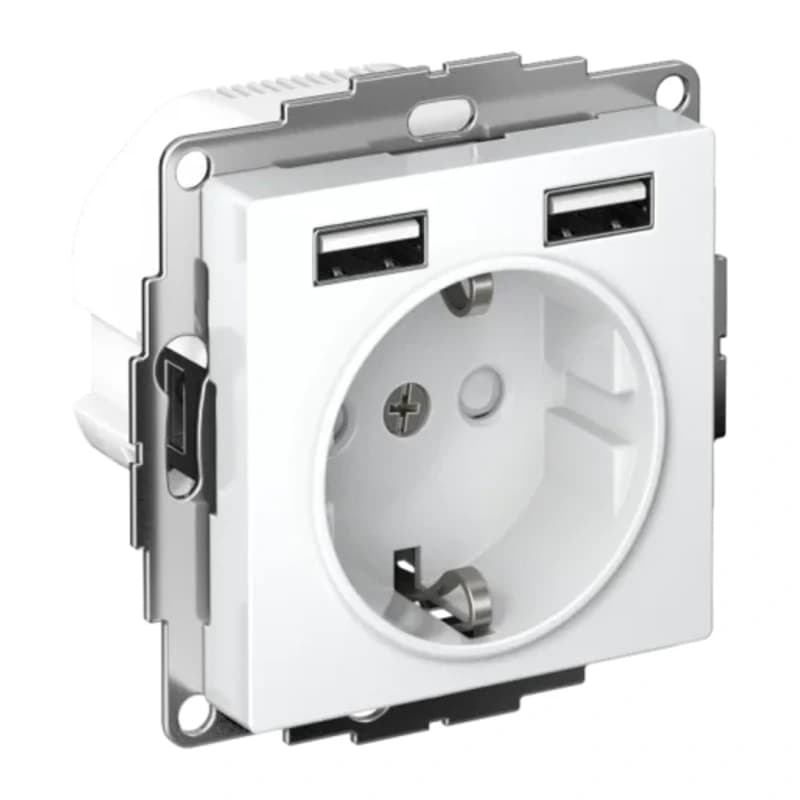 Розетка с заземлением Atlasdesign 16А+2USB A+A, 5В/2,4А белый