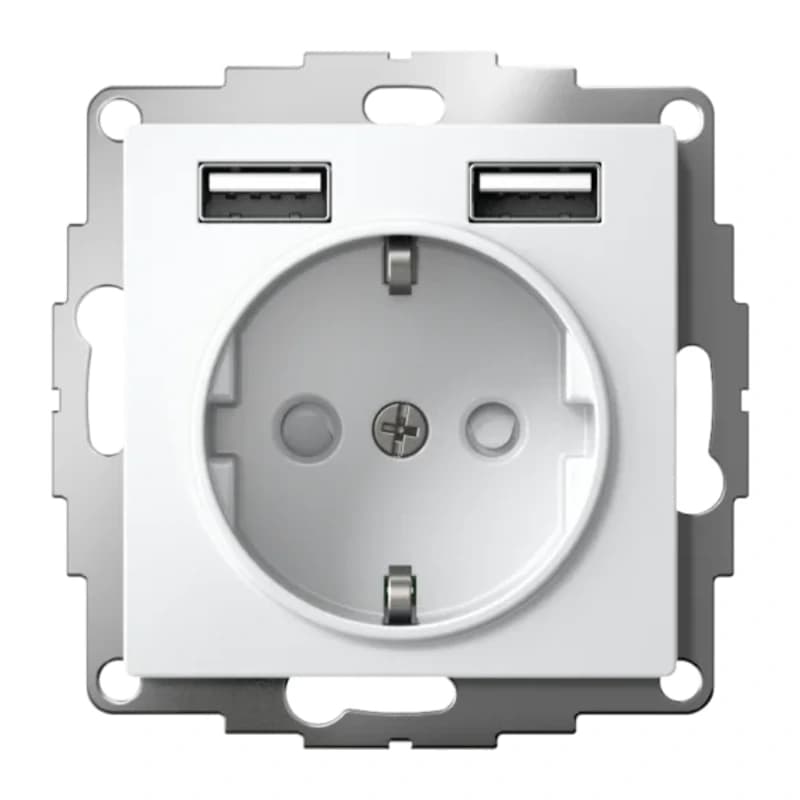 Розетка с заземлением Atlasdesign 16А+2USB A+A, 5В/2,4А белый