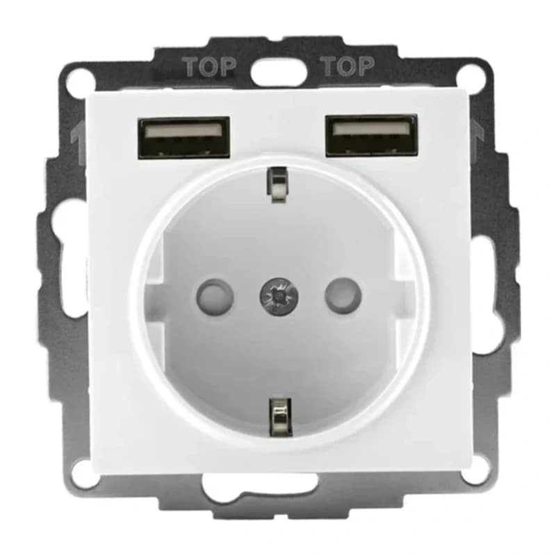 Розетка с заземлением Atlasdesign 16А+2USB A+A, 5В/2,4А белый