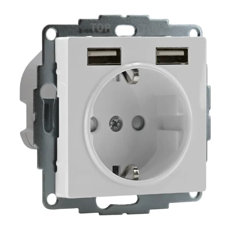 Розетка с заземлением Atlasdesign 16А+2USB A+A, 5В/2,4А белый