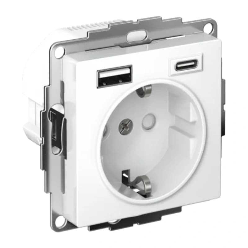 Розетка с заземлением Atlasdesign 16А+2USB A+С, (5В/2,4А/3 А, 2х5В/1,5А), белый