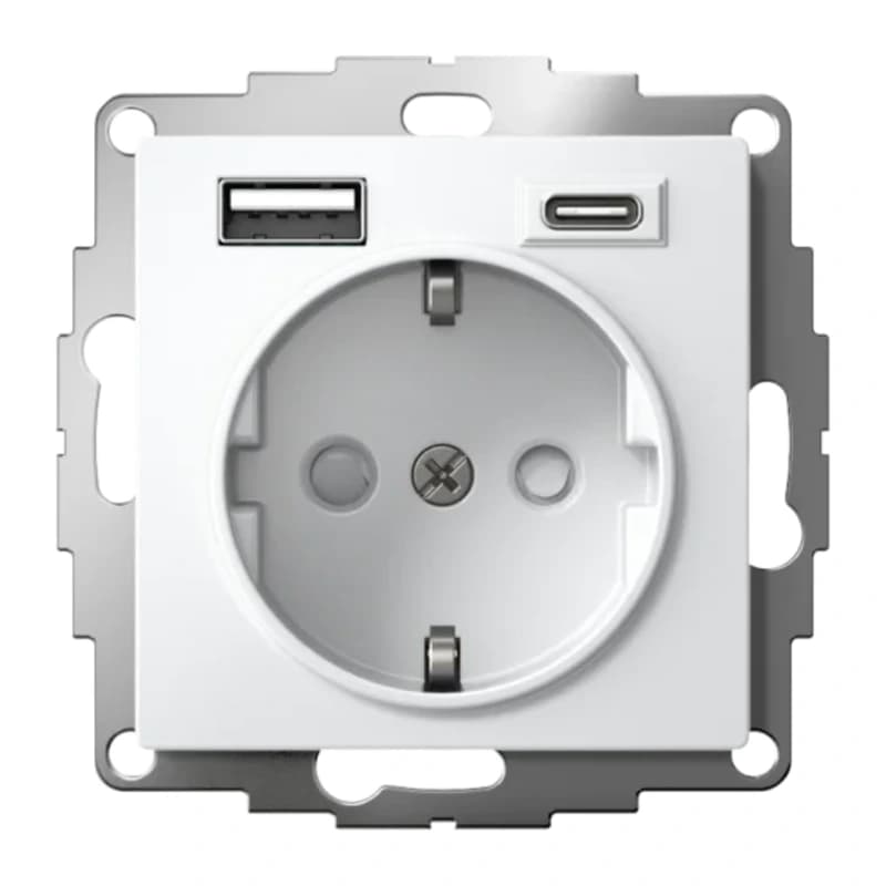 Розетка с заземлением Atlasdesign 16А+2USB A+С, (5В/2,4А/3 А, 2х5В/1,5А), белый