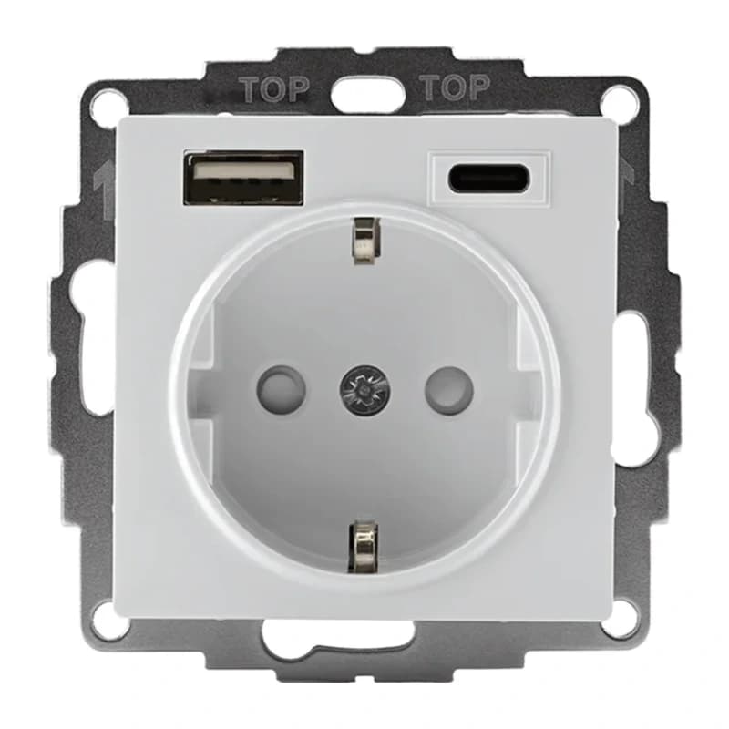 Розетка с заземлением Atlasdesign 16А+2USB A+С, (5В/2,4А/3 А, 2х5В/1,5А), белый