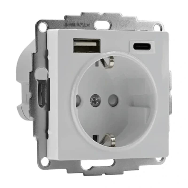 Розетка с заземлением Atlasdesign 16А+2USB A+С, (5В/2,4А/3 А, 2х5В/1,5А), белый