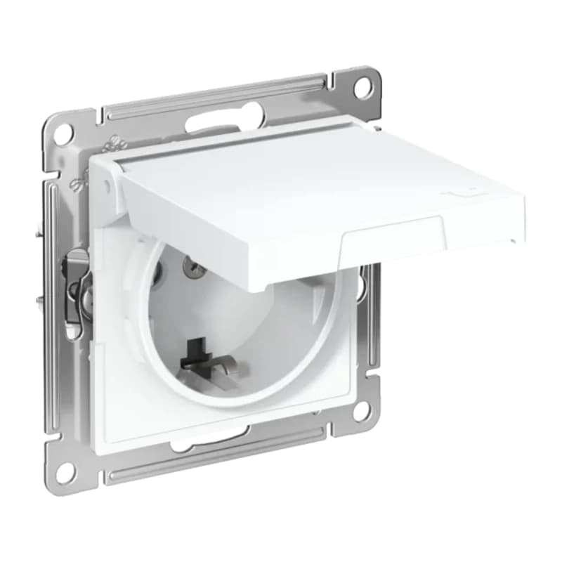 Розетка с заземлением со шторками и крышкой Atlasdesign 16А IP20, быстрозажим. клем., белый