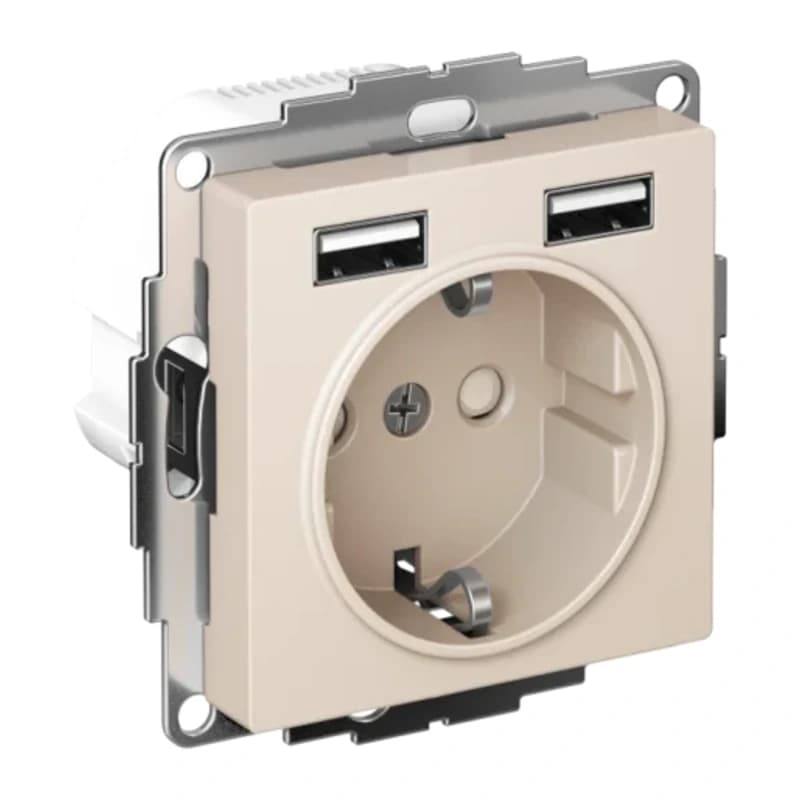 Розетка с заземлением Atlasdesign 16А+2USB A+A, 5В/2,4А бежевый