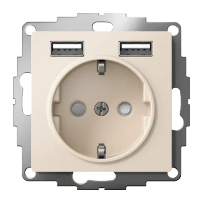 Розетка с заземлением Atlasdesign 16А+2USB A+A, 5В/2,4А бежевый