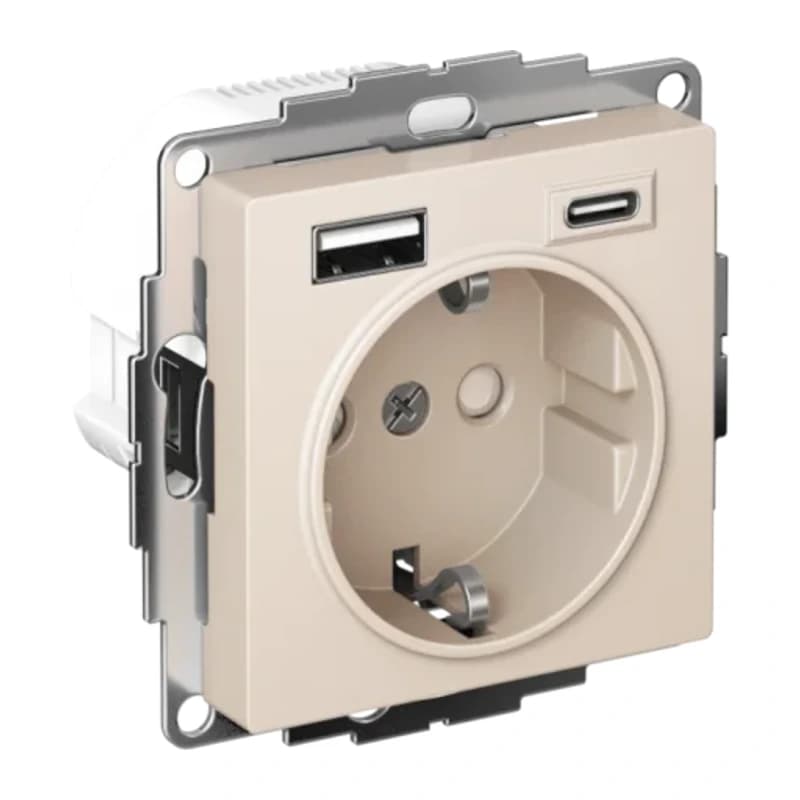 Розетка с заземлением Atlasdesign 16А+2USB A+С, (5В/2,4А/3 А, 2х5В/1,5А), бежевый