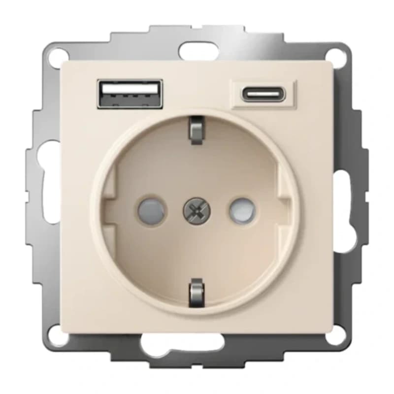 Розетка с заземлением Atlasdesign 16А+2USB A+С, (5В/2,4А/3 А, 2х5В/1,5А), бежевый