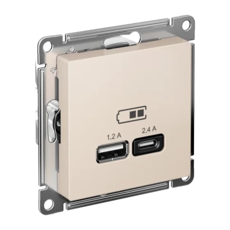 Розетка USB двойная для зарядки A+С, 5В/2,4А, 2х5В/1,2 А, Atlasdesign, бежевый