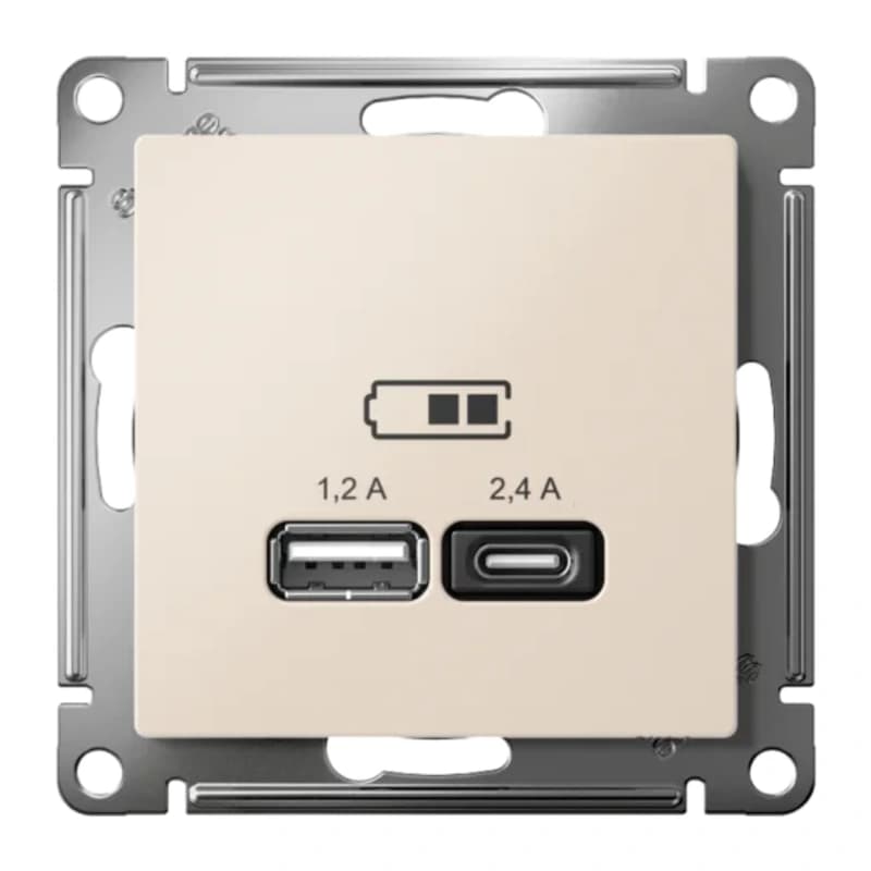 Розетка USB двойная для зарядки A+С, 5В/2,4А, 2х5В/1,2 А, Atlasdesign, бежевый