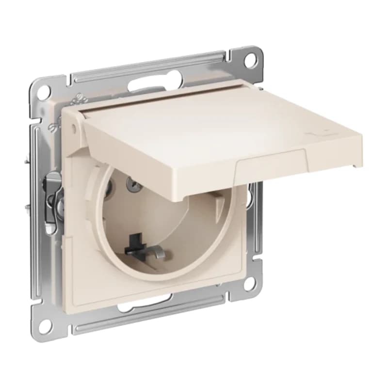 Розетка с заземлением со шторками и крышкой Atlasdesign 16А IP20, быстрозажим. клем., бежевый