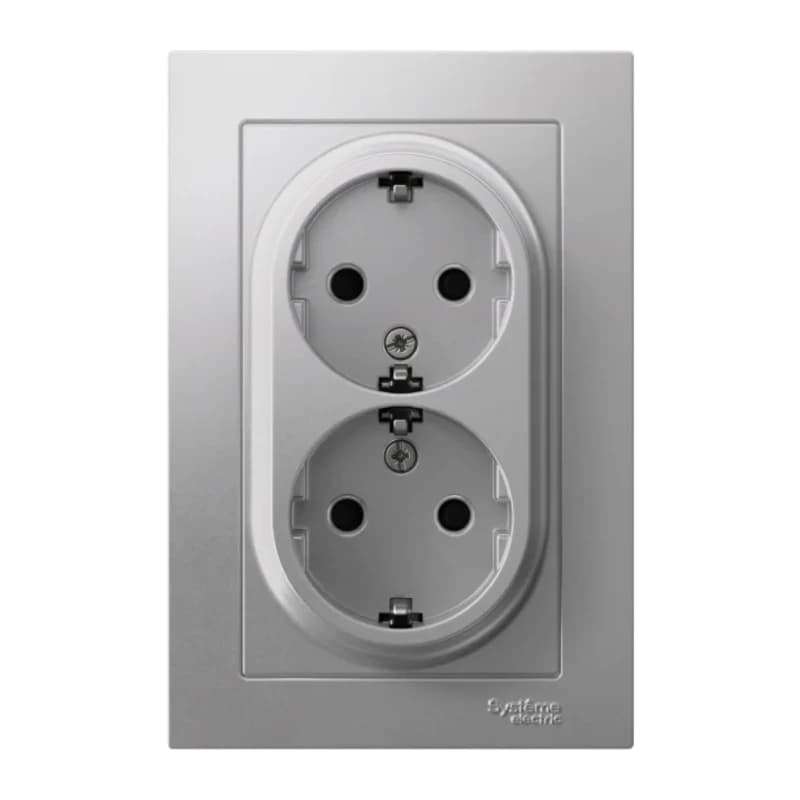 Розетка двойная с заземлением со шторками в сборе Atlasdesign 16А, алюминий