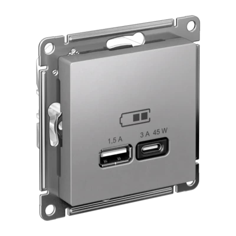 Розетка USB для зарядки двойная Atlasdesign A + тип-C 45W высокоскор.заряд. QC, PD, алюминий