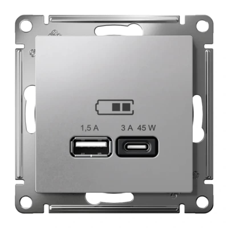Розетка USB для зарядки двойная Atlasdesign A + тип-C 45W высокоскор.заряд. QC, PD, алюминий