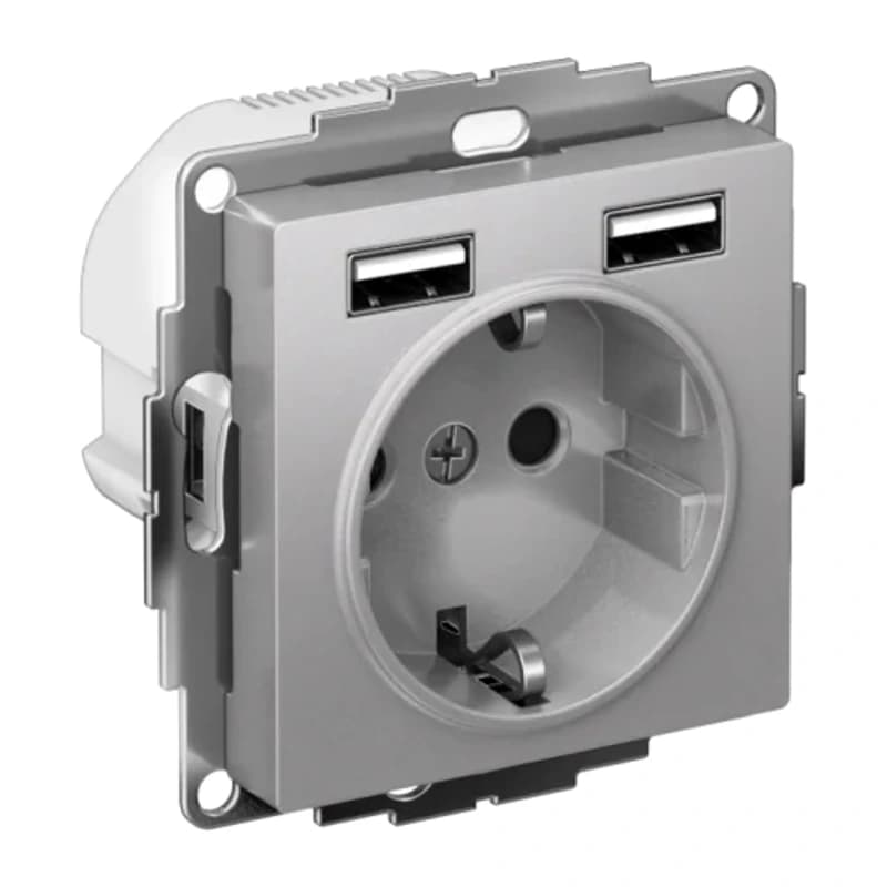 Розетка с заземлением Atlasdesign 16А+2USB A+A, 5В/2,4А алюминий