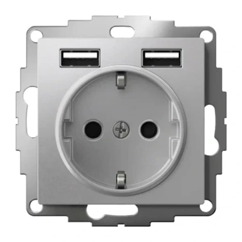 Розетка с заземлением Atlasdesign 16А+2USB A+A, 5В/2,4А алюминий