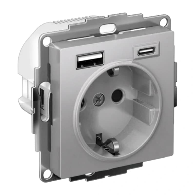 Розетка с заземлением Atlasdesign 16А+2USB A+С, (5В/2,4А/3 А, 2х5В/1,5А), алюминий