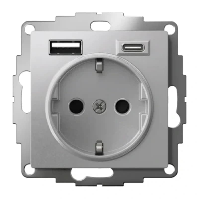 Розетка с заземлением Atlasdesign 16А+2USB A+С, (5В/2,4А/3 А, 2х5В/1,5А), алюминий