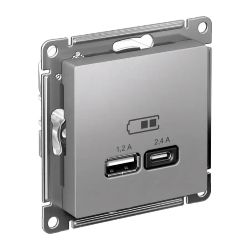 Розетка USB двойная для зарядки A+С, 5В/2,4А, 2х5В/1,2 А, Atlasdesign, алюминий