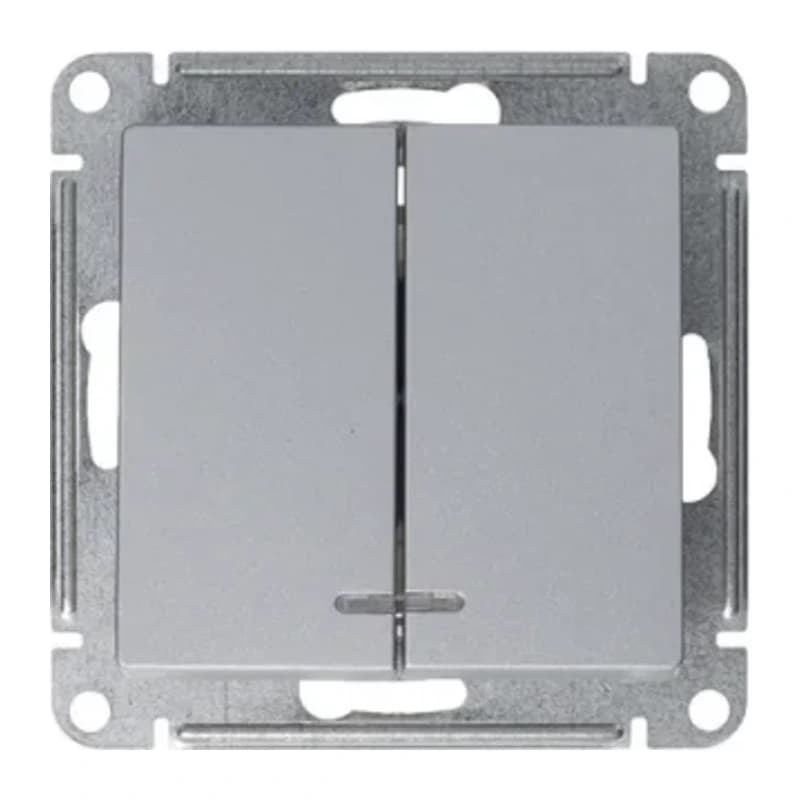 Выключатель двухклавишный с подсветкой Schneider Atlasdesign 10А, алюминий