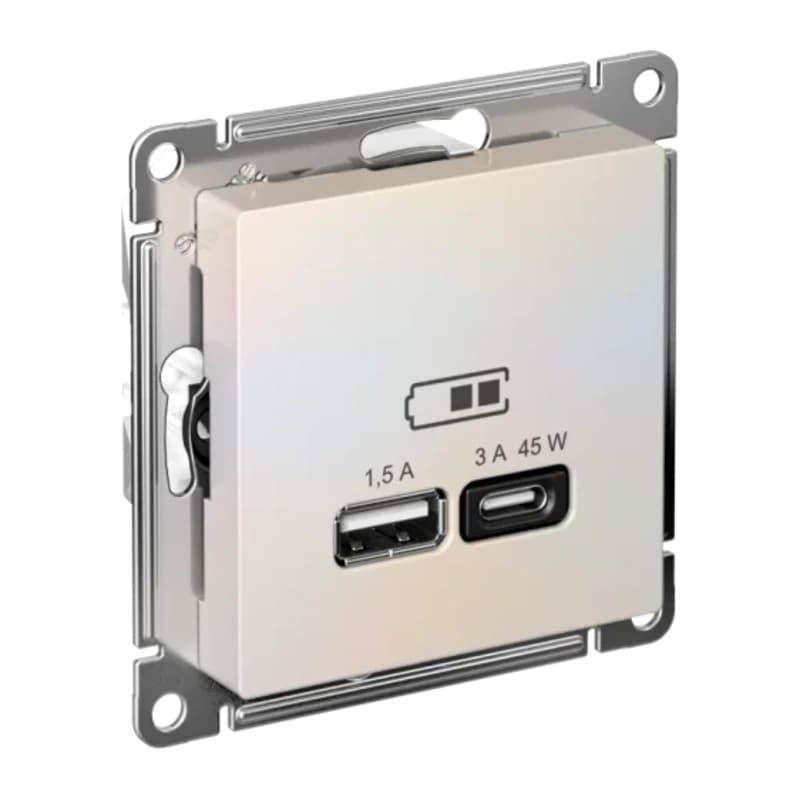 Розетка USB для зарядки двойная Atlasdesign A + тип-C 45W высокоскор.заряд. QC, PD, жемчуг