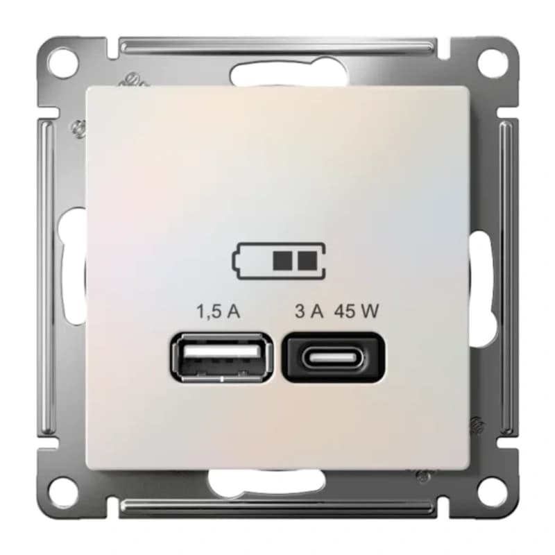 Розетка USB для зарядки двойная Atlasdesign A + тип-C 45W высокоскор.заряд. QC, PD, жемчуг