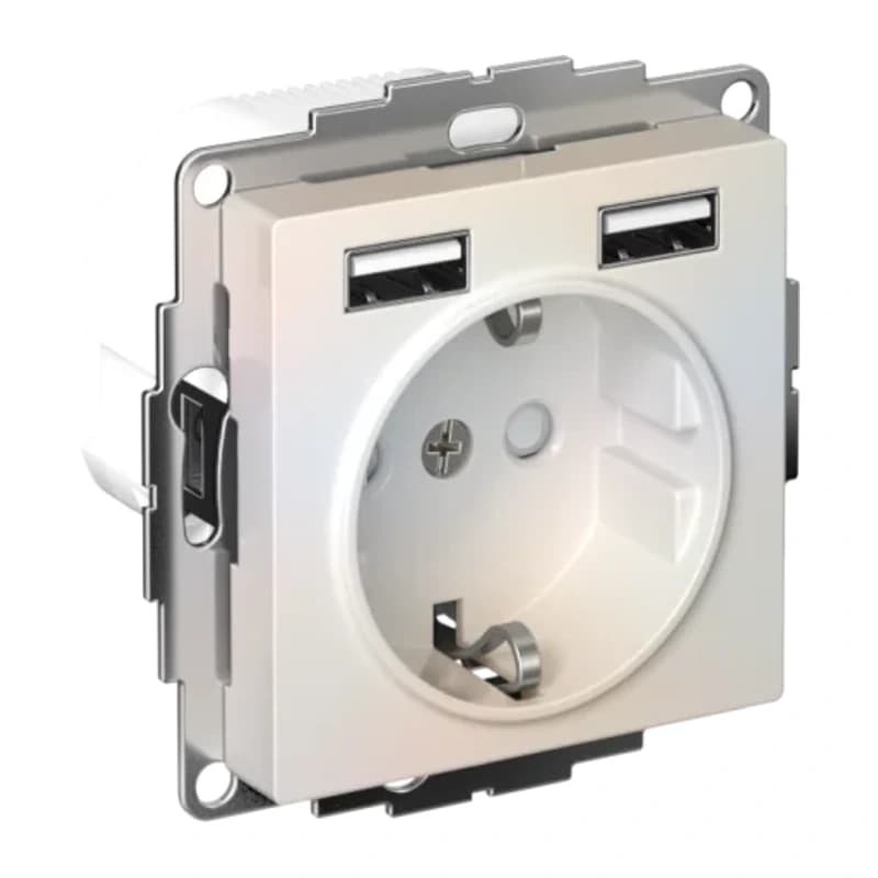 Розетка с заземлением Atlasdesign 16А+2USB A+A, 5В/2,4А жемчуг