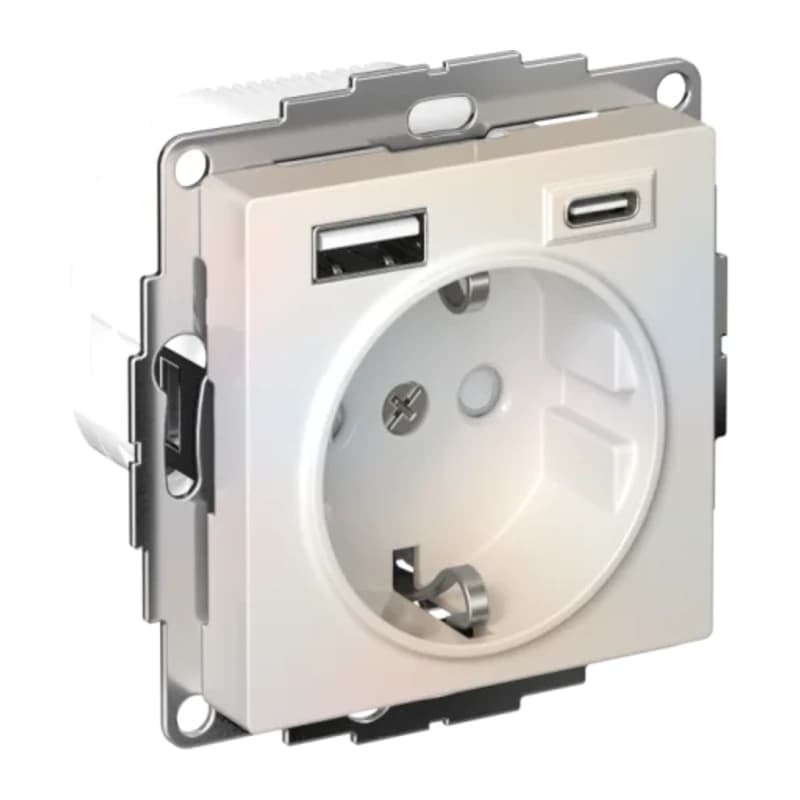 Розетка с заземлением Atlasdesign 16А+2USB A+С, (5В/2,4А/3 А, 2х5В/1,5А), жемчуг
