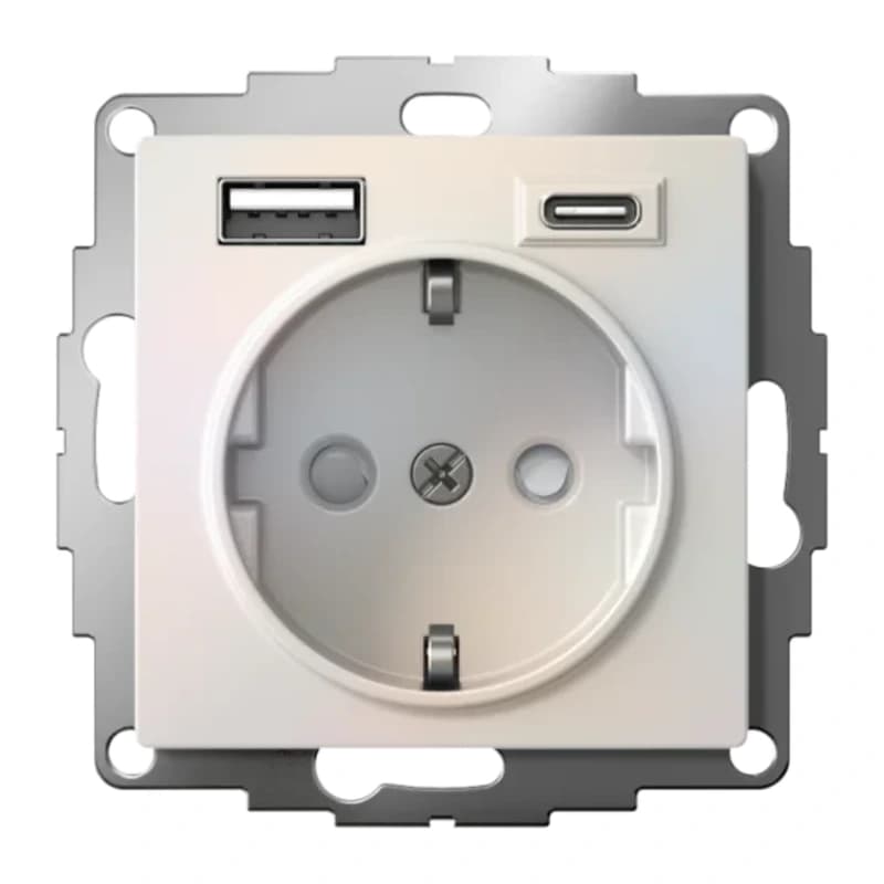 Розетка с заземлением Atlasdesign 16А+2USB A+С, (5В/2,4А/3 А, 2х5В/1,5А), жемчуг