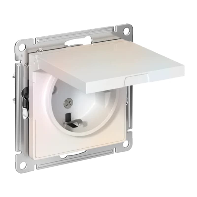 Розетка с заземлением со шторками и крышкой Atlasdesign 16А IP20, жемчуг