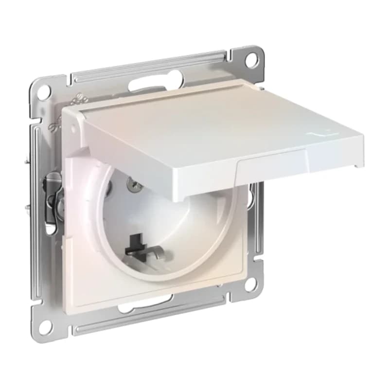 Розетка с заземлением со шторками и крышкой Atlasdesign 16А IP20, быстрозажим. клем., жемчуг