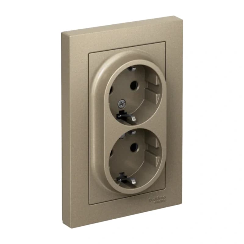 Розетка двойная с заземлением со шторками в сборе Atlasdesign 16А, шампань
