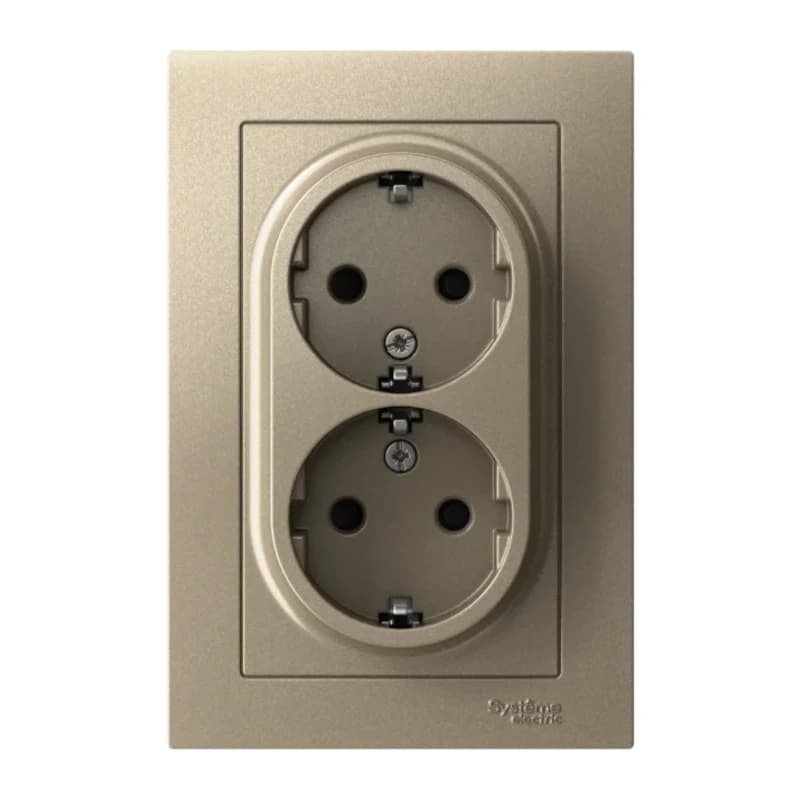 Розетка двойная с заземлением со шторками в сборе Atlasdesign 16А, шампань