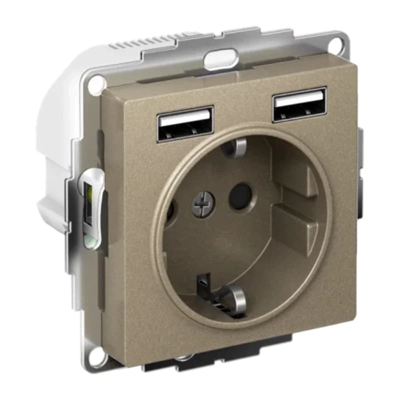 Розетка с заземлением Atlasdesign 16А+2USB A+A, 5В/2,4А шампань