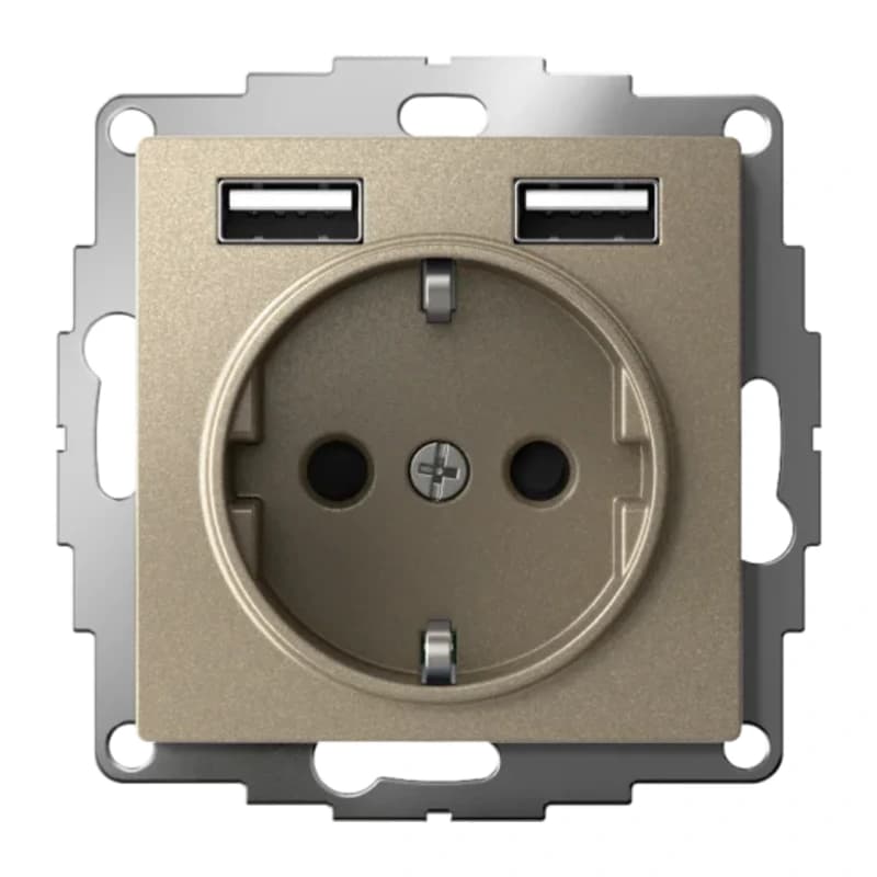 Розетка с заземлением Atlasdesign 16А+2USB A+A, 5В/2,4А шампань