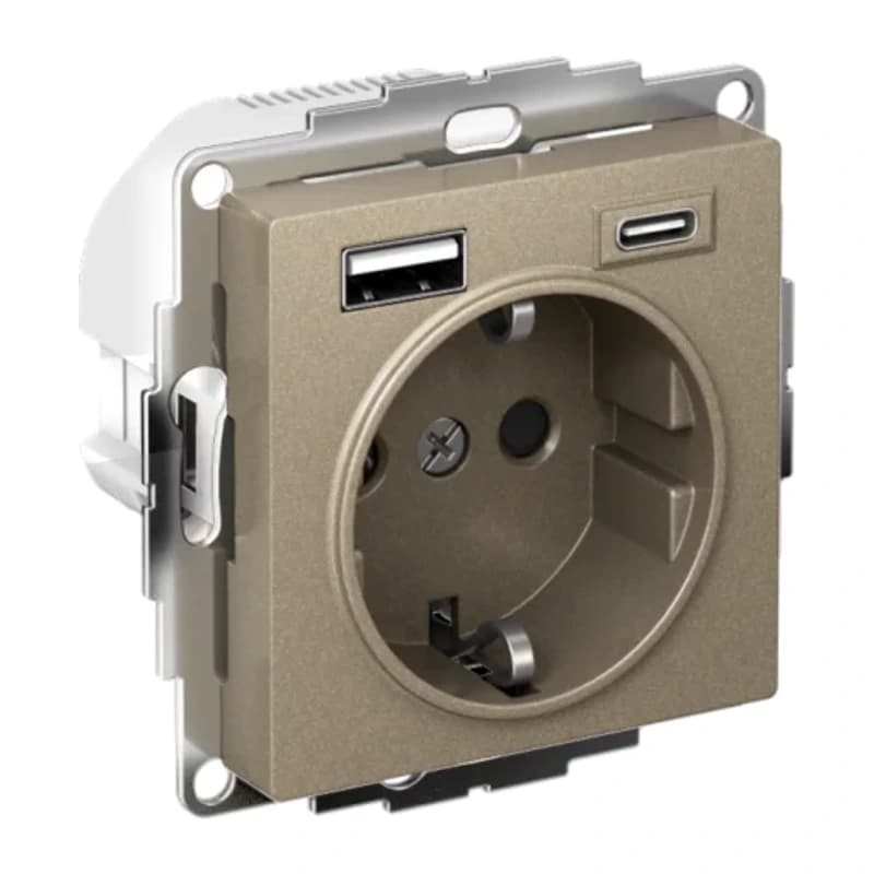 Розетка с заземлением Atlasdesign 16А+2USB A+С, (5В/2,4А/3 А, 2х5В/1,5А), шампань