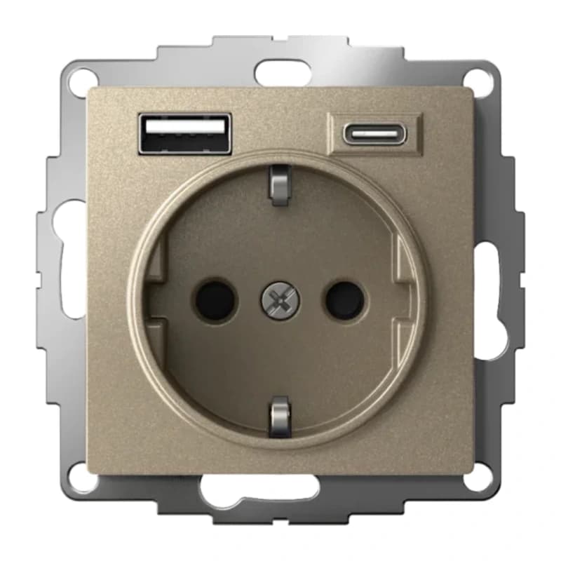 Розетка с заземлением Atlasdesign 16А+2USB A+С, (5В/2,4А/3 А, 2х5В/1,5А), шампань