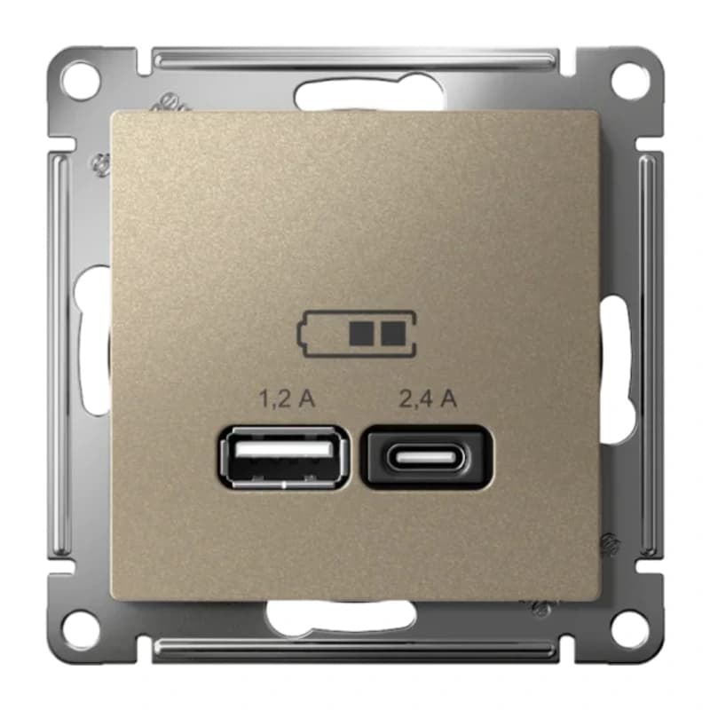 Розетка USB двойная для зарядки A+С, 5В/2,4А, 2х5В/1,2 А, Atlasdesign, шампань