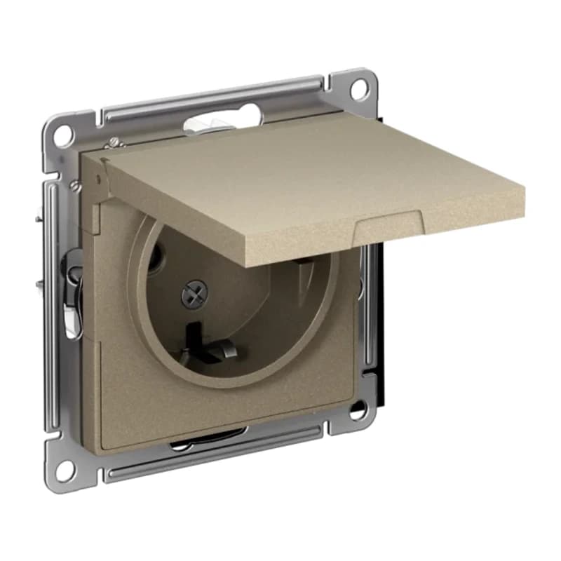 Розетка с заземлением со шторками и крышкой Atlasdesign 16А IP20, шампань