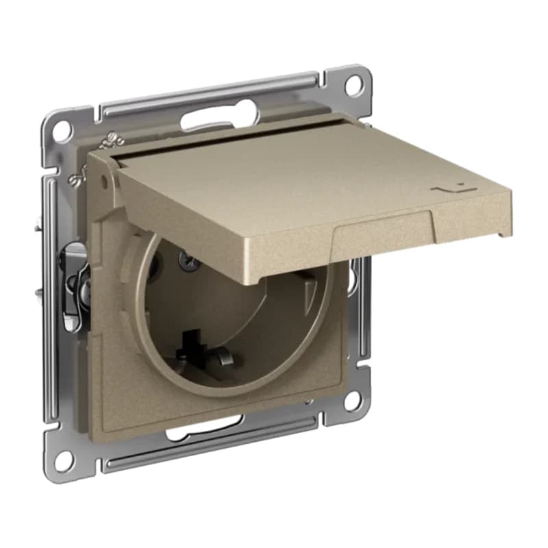 Розетка с заземлением со шторками и крышкой Atlasdesign 16А IP20, быстрозажим. клем., шампань