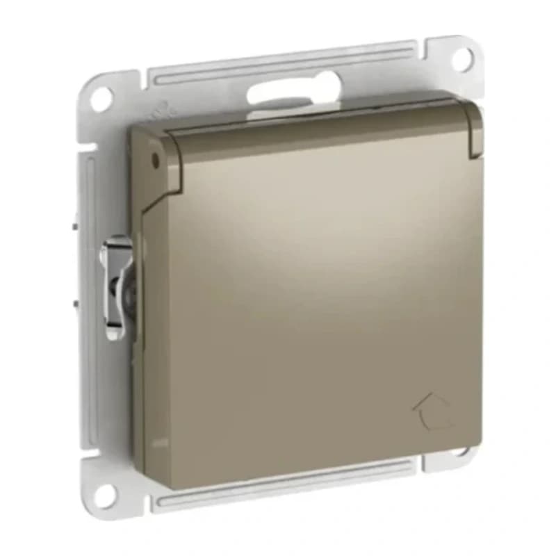 Розетка с заземлением со шторками и крышкой Atlasdesign 16А IP20, быстрозажим. клем., шампань
