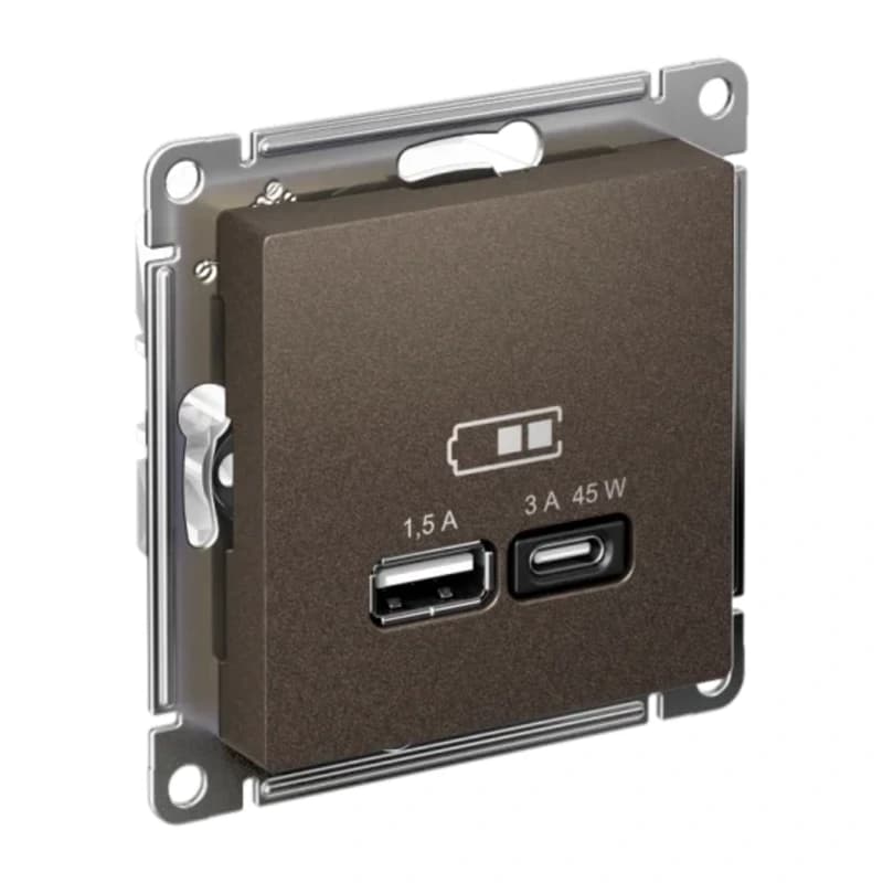 Розетка USB для зарядки двойная Atlasdesign A + тип-C 45W высокоскор.заряд. QC, PD, мокко