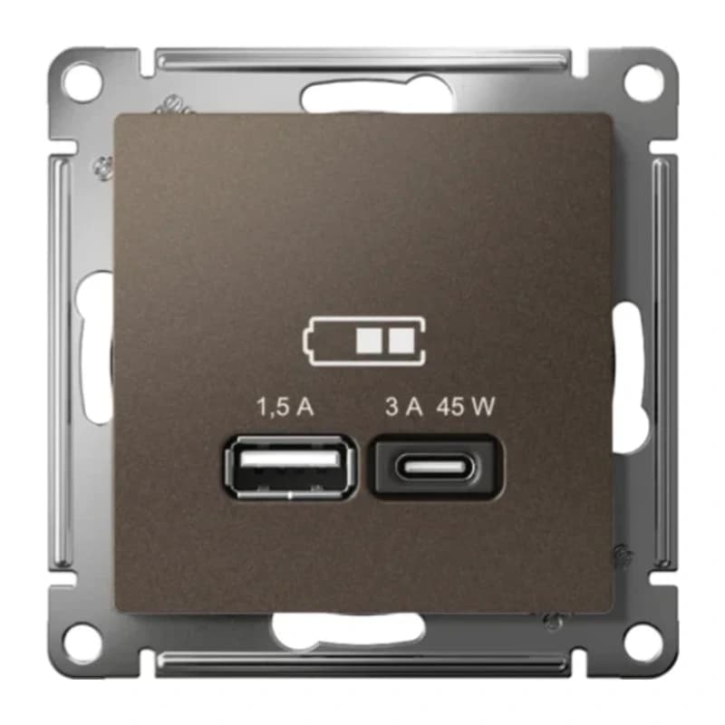 Розетка USB для зарядки двойная Atlasdesign A + тип-C 45W высокоскор.заряд. QC, PD, мокко