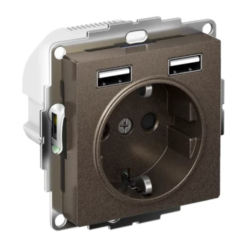 Розетка с заземлением Atlasdesign 16А+2USB A+A, 5В/2,4А мокко