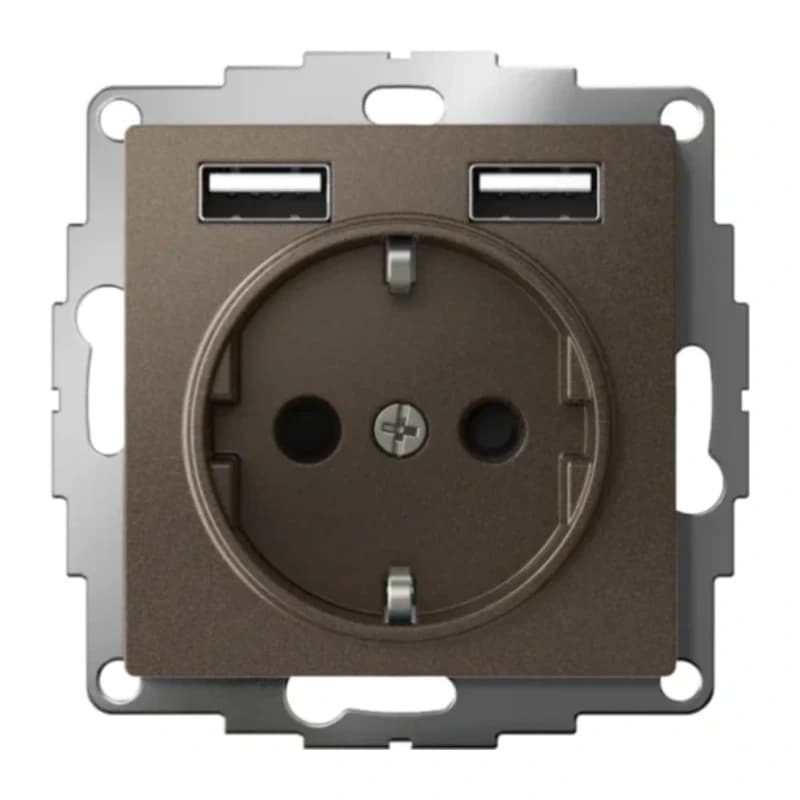 Розетка с заземлением Atlasdesign 16А+2USB A+A, 5В/2,4А мокко