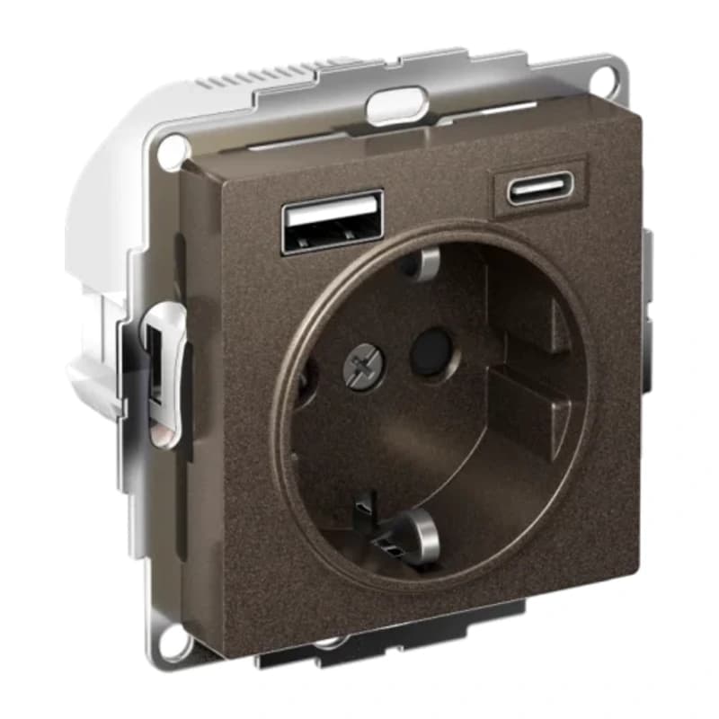 Розетка с заземлением Atlasdesign 16А+2USB A+С, (5В/2,4А/3 А, 2х5В/1,5А), мокко