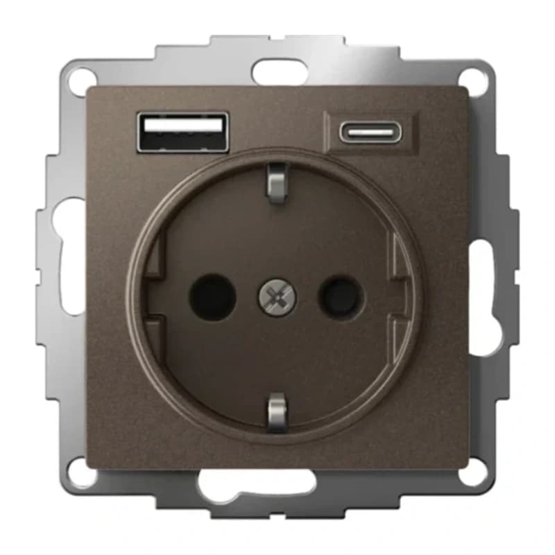 Розетка с заземлением Atlasdesign 16А+2USB A+С, (5В/2,4А/3 А, 2х5В/1,5А), мокко